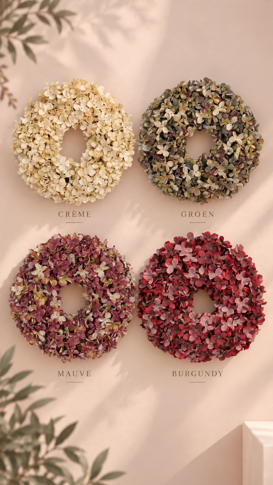 PRE-ORDER Luxe deurkrans van zijden hortensia’s Ø45 cm | Creme Geluk in bloei