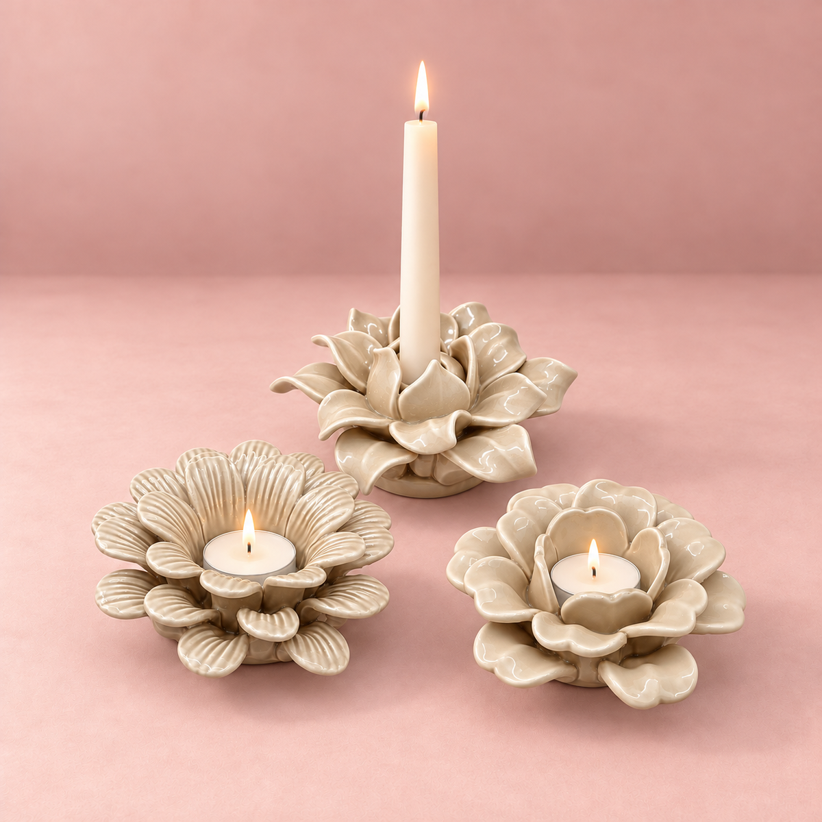 Keramieken kaarshouders & waxinelichthouders | Dahlia, Margriet en Roos | Beige Geluk in bloei
