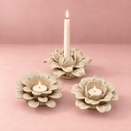 Keramieken kaarshouders & waxinelichthouders | Dahlia, Margriet en Roos | Beige Geluk in bloei
