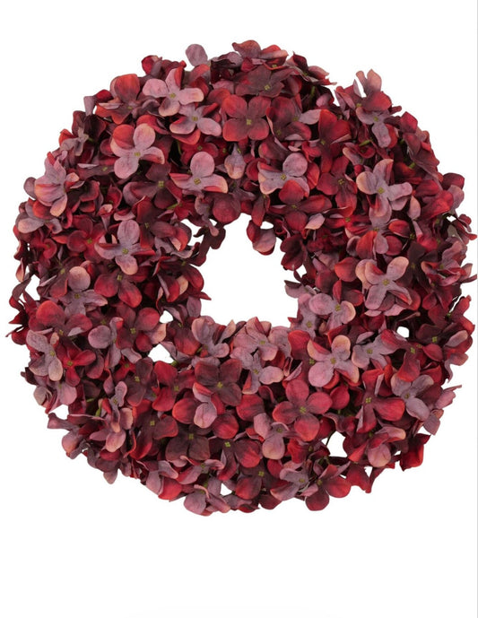 PRE-ORDER Luxe deurkrans van zijden hortensia’s Ø45 cm | Burgundy Geluk in bloei