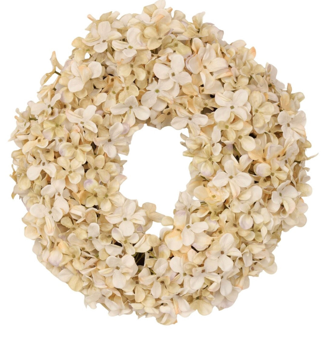 PRE-ORDER Luxe deurkrans van zijden hortensia’s Ø45 cm | Creme Geluk in bloei