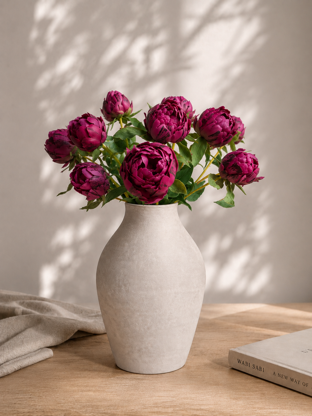 Real Touch Pioenrozen Aubergine S – 48 cm | Bundel van 3 Geluk in bloei