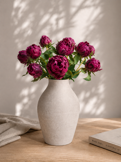 Real Touch Pioenrozen Aubergine S – 48 cm | Bundel van 3 Geluk in bloei