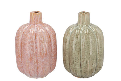Keramieken Pompoen Vaas 21 cm | Roze/Oranje & Groen Geluk in bloei