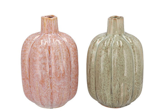 Keramieken Pompoen Vaas 21 cm | Roze/Oranje & Groen Geluk in bloei