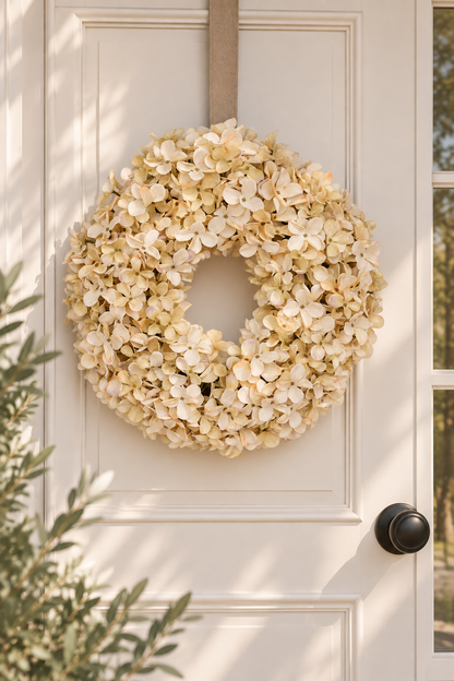 PRE-ORDER Luxe deurkrans van zijden hortensia’s Ø45 cm | Creme Geluk in bloei