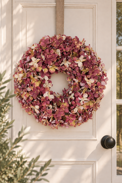 PRE-ORDER Luxe deurkrans van zijden hortensia’s Ø45 cm | Mauve Geluk in bloei