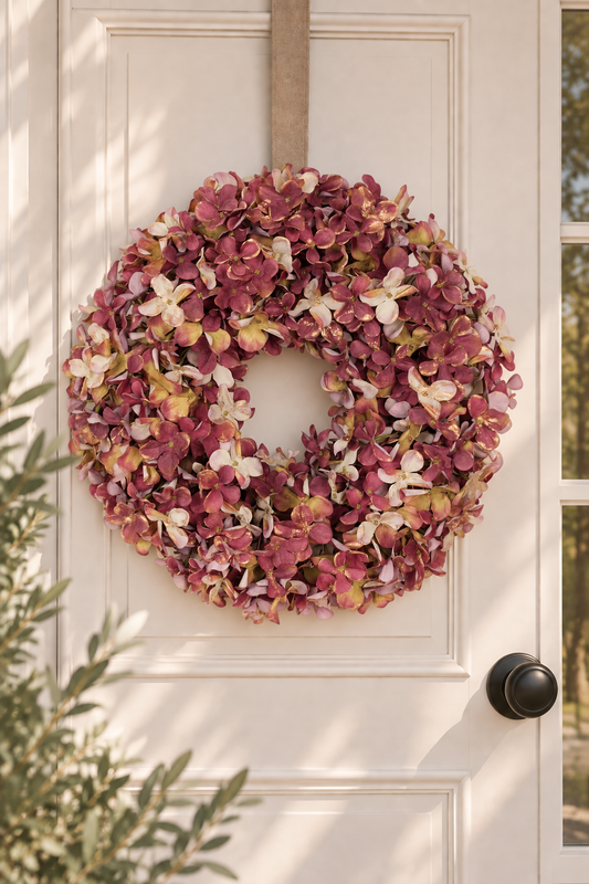 PRE-ORDER Luxe deurkrans van zijden hortensia’s Ø45 cm | Mauve Geluk in bloei