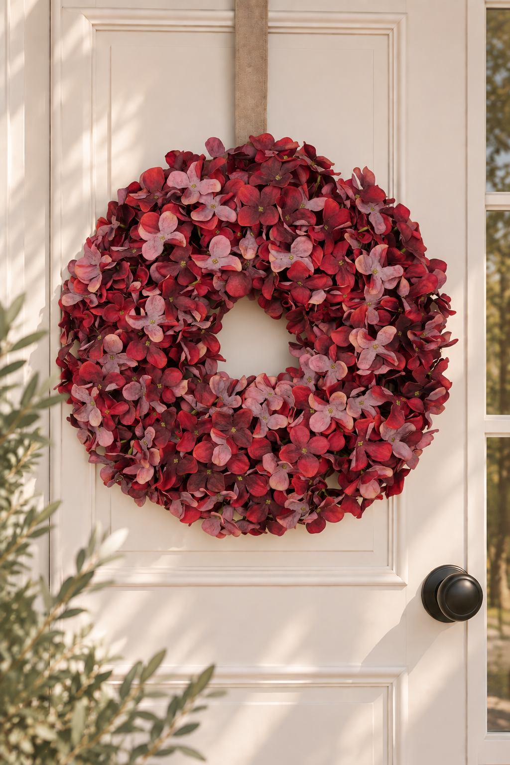 PRE-ORDER Luxe deurkrans van zijden hortensia’s Ø45 cm | Burgundy Geluk in bloei