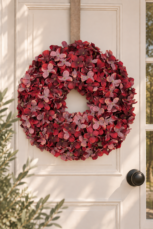 PRE-ORDER Luxe deurkrans van zijden hortensia’s Ø45 cm | Burgundy Geluk in bloei