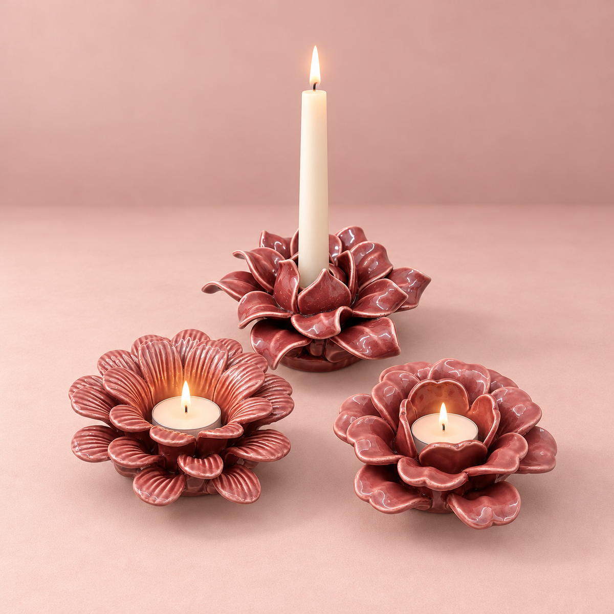 Keramieken kaarshouders & waxinelichthouders | Dahlia, Margriet en Roos | Burgundy Geluk in bloei