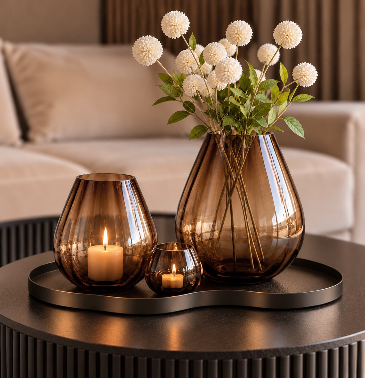 Tasman Windlichten | Ribbed Brown | Verkrijgbaar in 3 maten Geluk in bloei